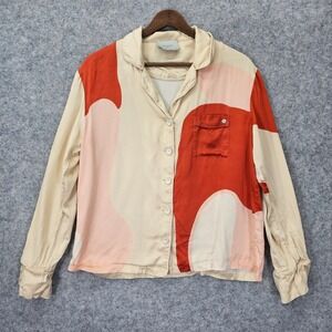 Silk Pajama Top Womens L Cream Colorblock Sleep Shirt Lounge SANGLOU Luxury FLAW